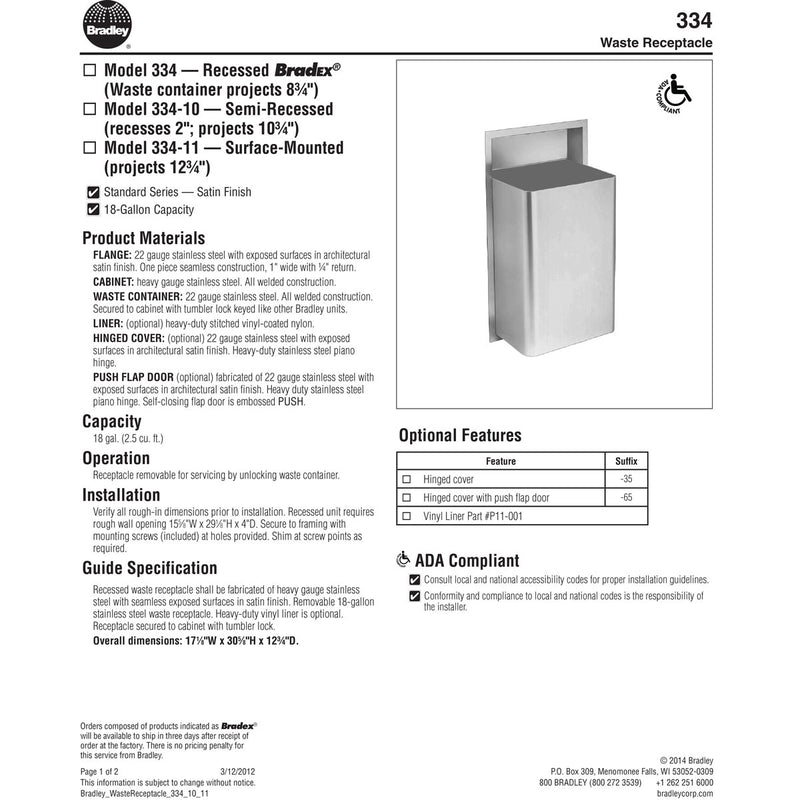 Bradley 334-00 Commercial Restroom Waste Receptacle, 18 Gallon, Recessed-Mounted, 12-1/2" W x 26-1/2" H, 4" D, Stainless Steel