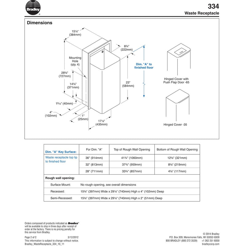 Bradley 334-00 Commercial Restroom Waste Receptacle, 18 Gallon, Recessed-Mounted, 12-1/2" W x 26-1/2" H, 4" D, Stainless Steel