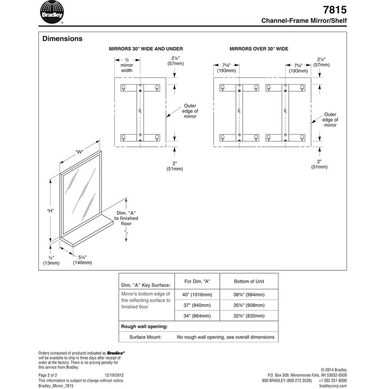 Bradley 7815-024362 (24 x 36) Commercial Restroom Mirror w/ Shelf, Channel Frame, 24" W x 36" H, Stainless Steel w/ Bright-Polished Finish