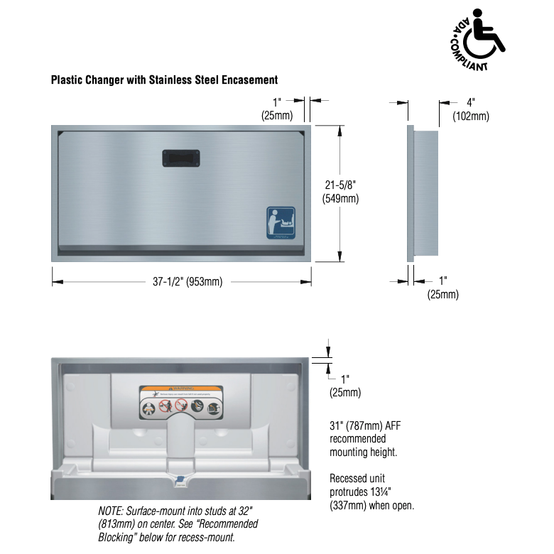 Bradley 962-11 Baby Changing Station, Surface-Mounted, Stainless Steel