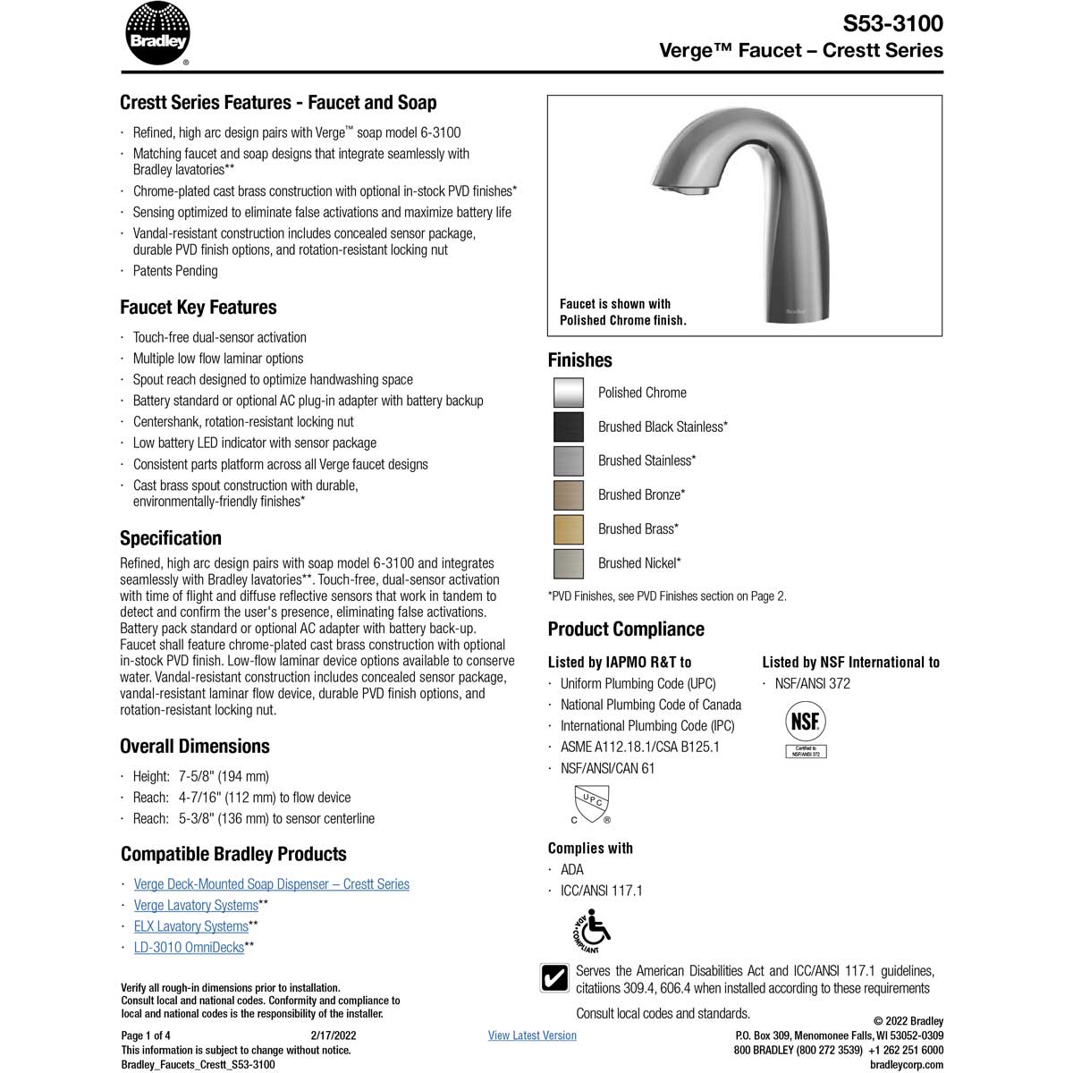 Bradley (S53-3100) RL3-PC Touchless Counter Mounted Sensor Faucet, .35 GPM, Polished Chrome, Crestt Series