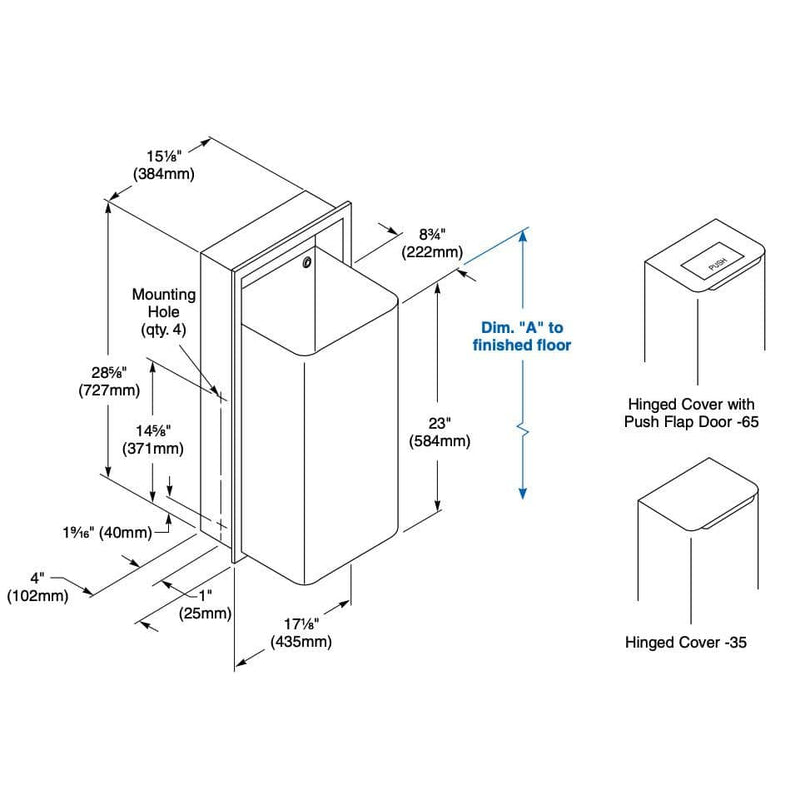 Bradley 334-10 Commercial Restroom Sanitary Waste Bin, 18 Gallon, Semi-Recessed-Mounted, 17-1/8" W x 30-5/8" H, 12-3/4" D, Stainless Steel - TotalRestroom.com