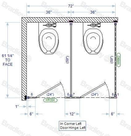 Bradley IC23660-PBC Toilet Partition, 2 In Corner Compartments, 72