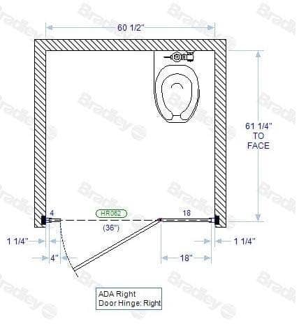 Bradley BWADA Toilet Partition, 1 ADA Between Wall Compartment, 60" W x 61-1/4" D, Power Coated Metal - TotalRestroom.com