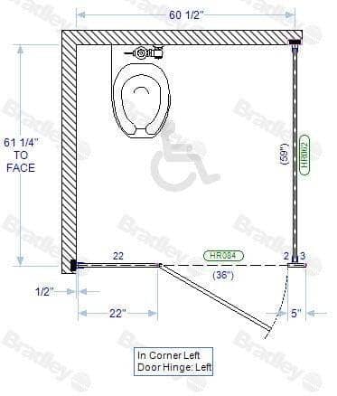 Bradley ICADA-PBC Toilet Partition, 1 ADA In Corner Compartment, 60" W x 61-1/4" D, Phenolic - TotalRestroom.com