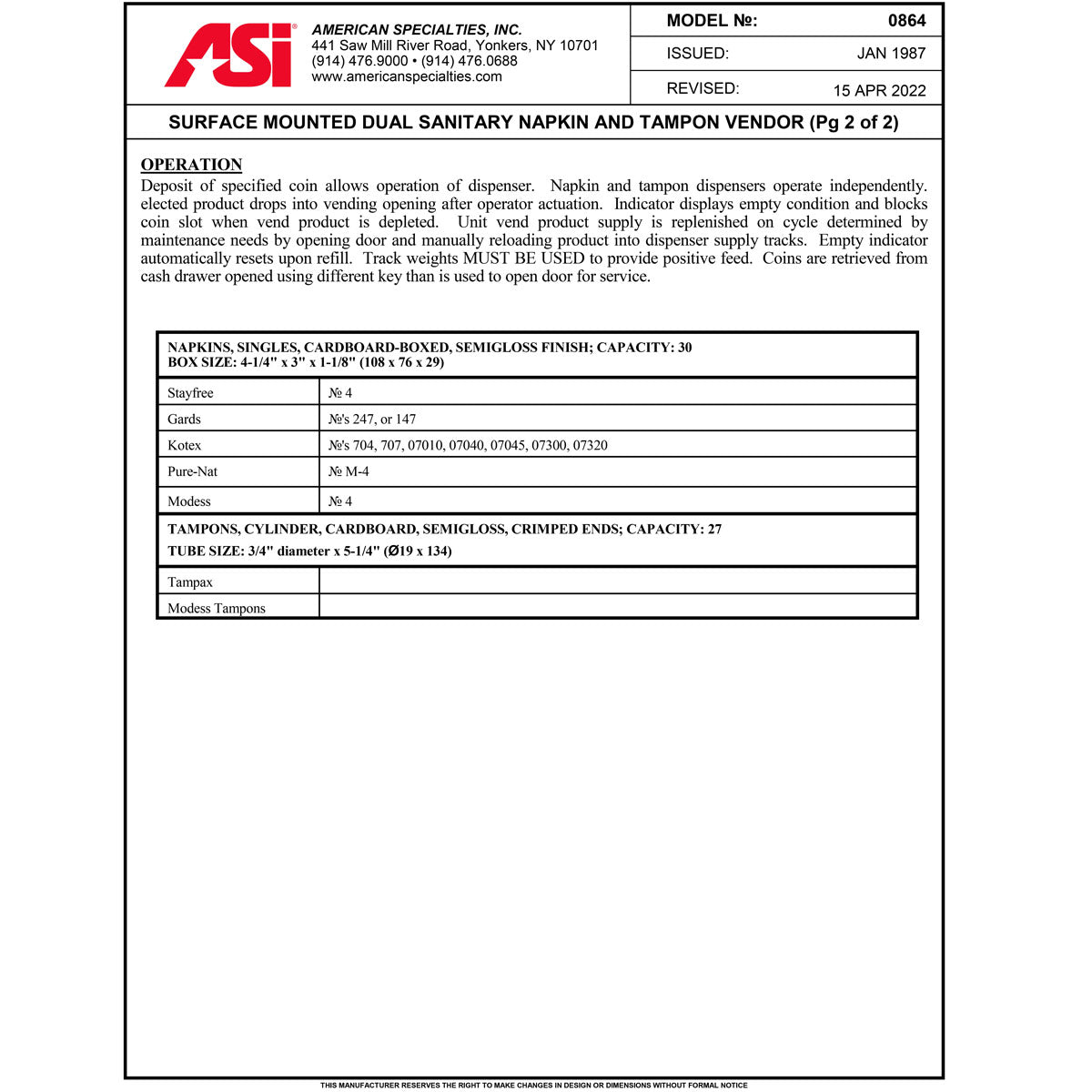 ASI 0864-F Commercial Restroom Sanitary Napkin/ Tampon Dispenser, Free-Operated, Surface-Mounted, Stainless Steel