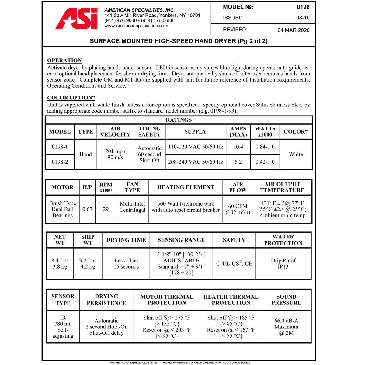 ASI 0198-1-93 Hand Dryer, 110-120 Volt, Surface-Mounted, Stainless Steel