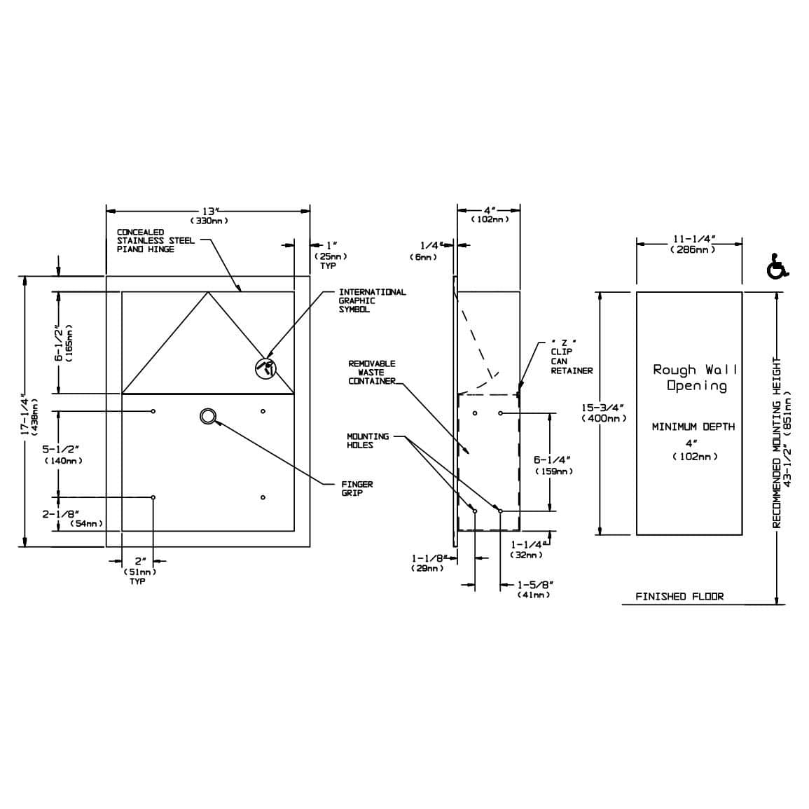 ASI 0473 Commercial Restroom Sanitary Napkin Disposal, Recessed-Mounted, Stainless Steel - TotalRestroom.com