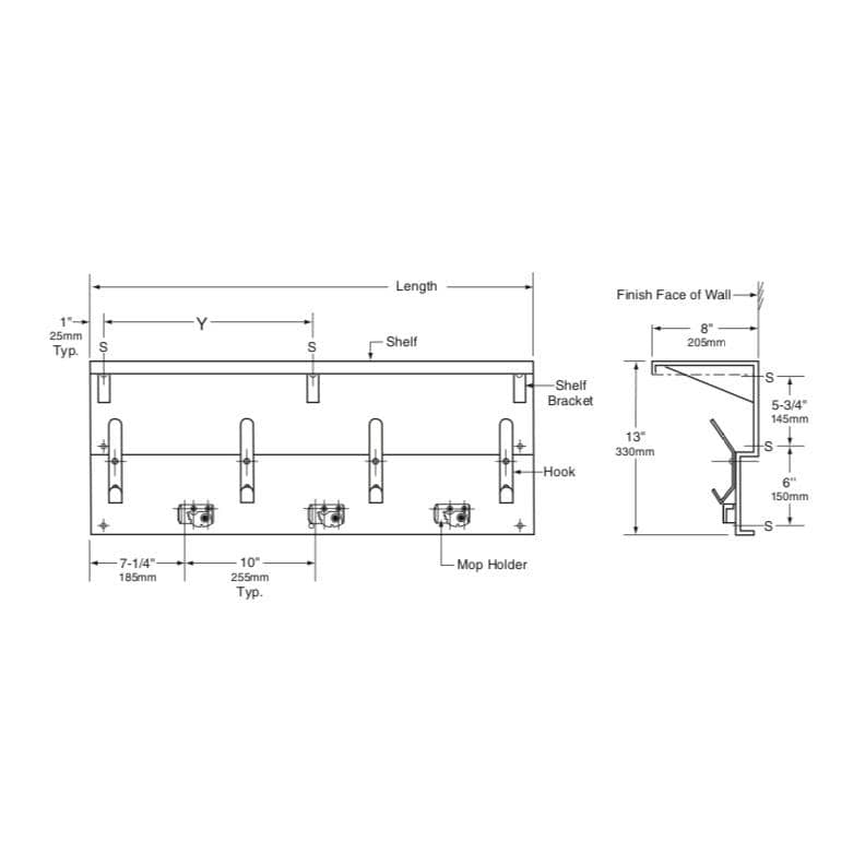 Bobrick B-224x36 Shelf with Mop and Broom Holders and Rag Hooks