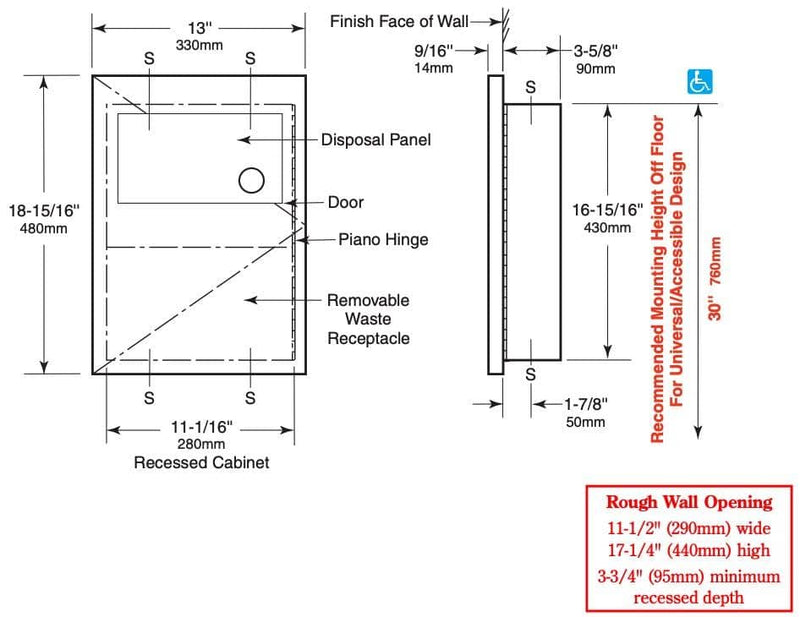 Bobrick B-35303 Commercial Restroom Sanitary Napkin/Tampon Disposal,  Recessed-Mounted, Stainless Steel