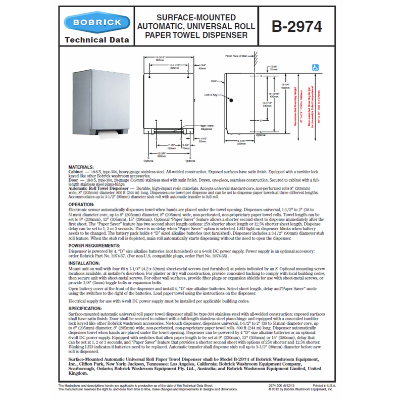 Bobrick B-2974 Automatic Commercial Paper Towel Dispenser, Surface-Mounted, Stainless Steel