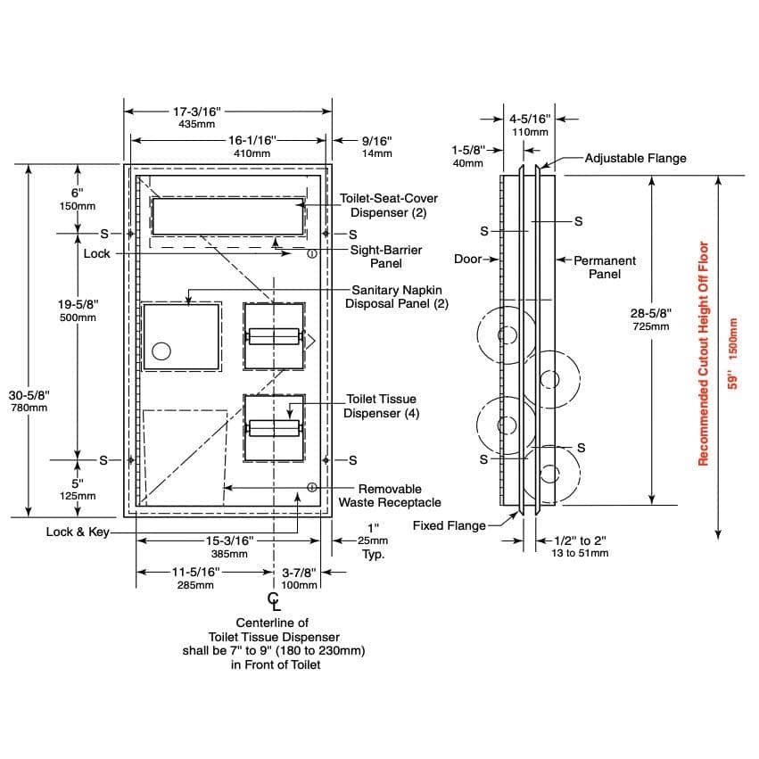 Bobrick B-357 Combination Commercial Sanitary Napkin Deposal/Toilet Paper Dispenser, Partition-Mounted, Stainless Steel - TotalRestroom.com