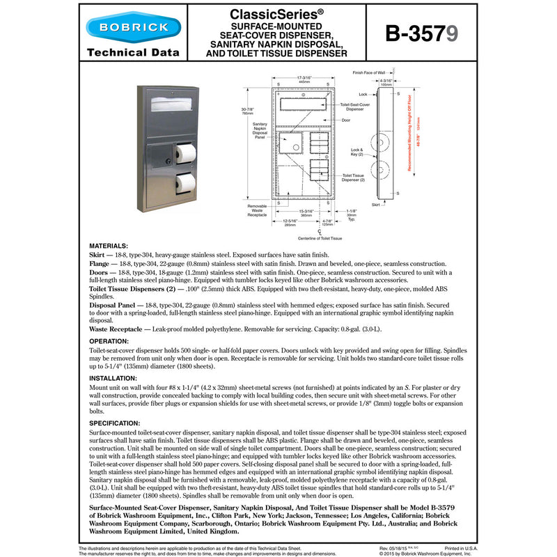 Bobrick B-3579 Combination Commercial Seat-Cover Dispenser/Toilet Paper Dispenser/Waste Receptacle, Surface-Mounted, Stainless Steel