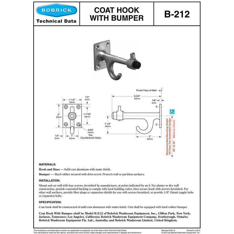 Bobrick B-212 Commercial Clothes & Robe Hook and Bumper, Aluminum