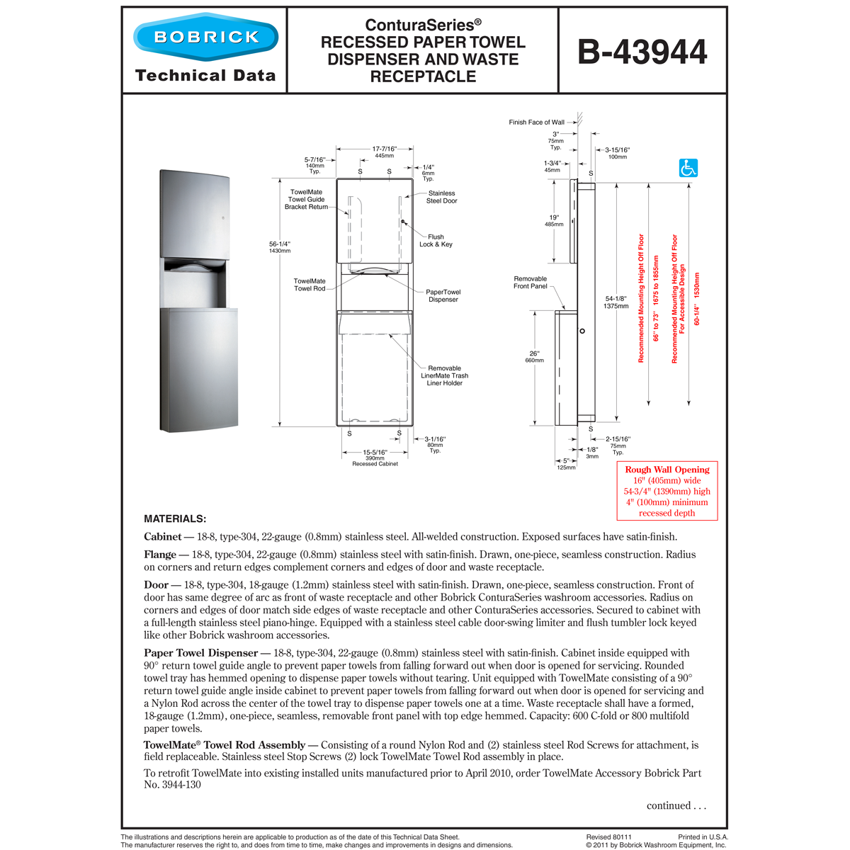 Bobrick B-43944 Combination Commercial Paper Towel Dispenser/Waste ...