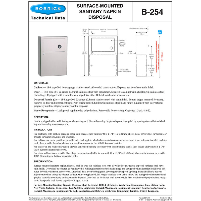 Bobrick B-254 Commercial Restroom Sanitary Napkin/Tampon Disposal, Surface-Mounted, Stainless Steel