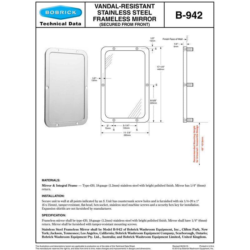 Bobrick B-942 Commercial Vandal-Resistant Mirror, Frameless, 11-1/4" W x 17-1/4" H