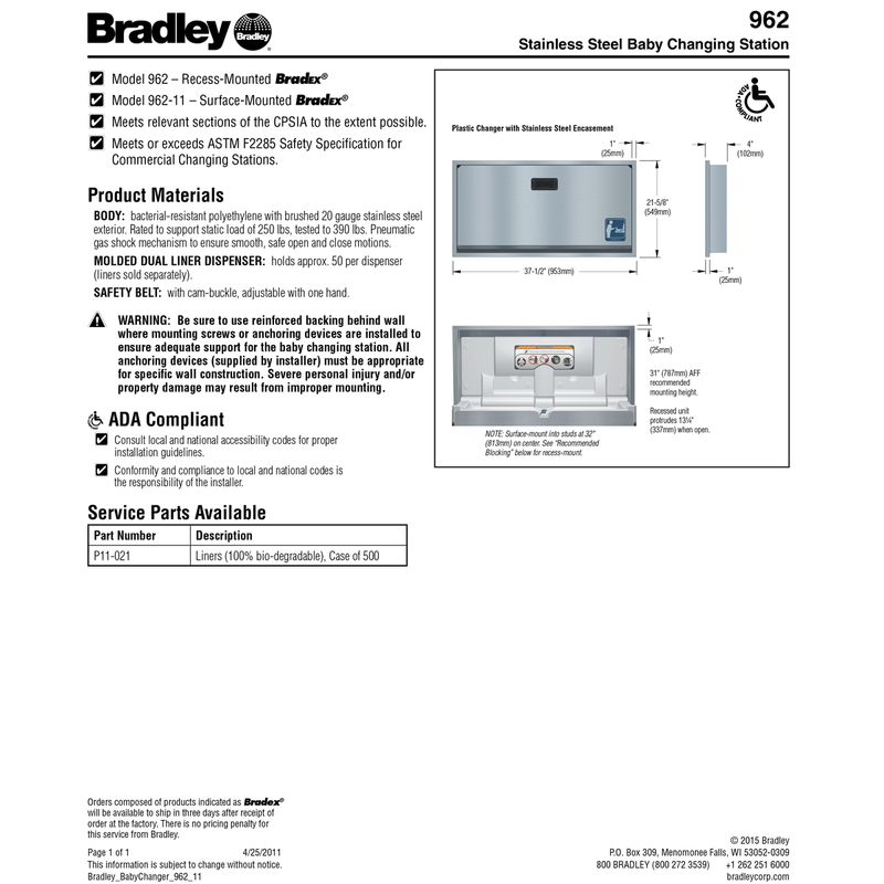 Bradley 962-00 Baby Changing Station, Recessed-Mounted, Stainless Steel