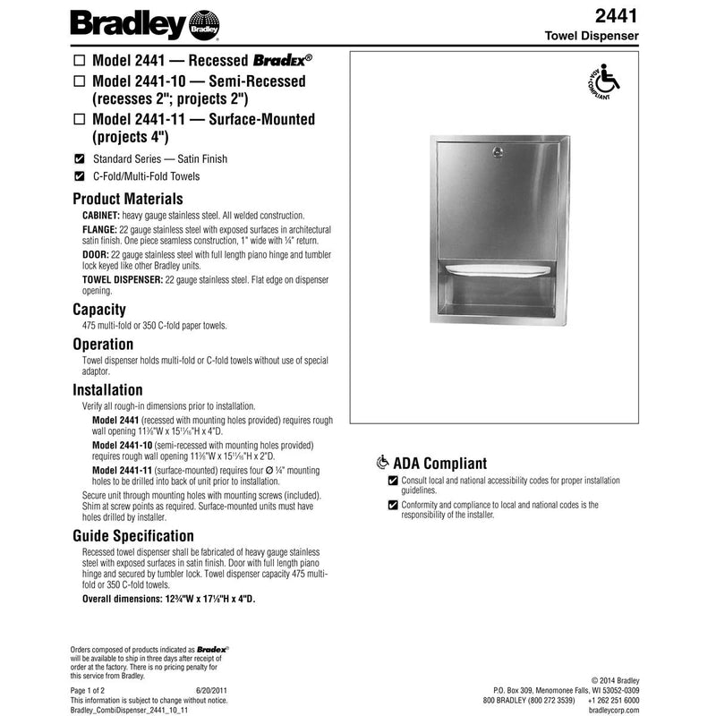 Bradley 2441-11 Commercial BX-Paper Towel Dispenser, Surface Mounted, Stainless Steel