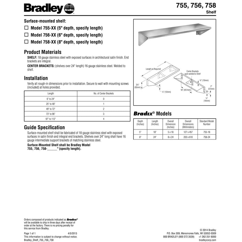 Bradley BX 755-018000 Commercial Restroom Shelf, 5" D x 18" L, Surface-Mounted, Stainless Steel