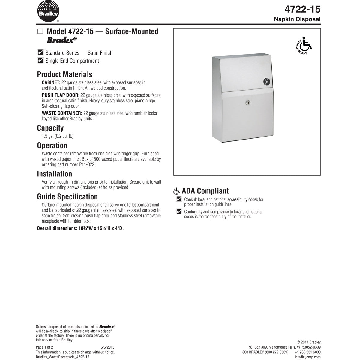 Bradley BX 4722-150000 Commercial Restroom Sanitary Napkin Disposal, Surface-Mounted, Stainless Steel