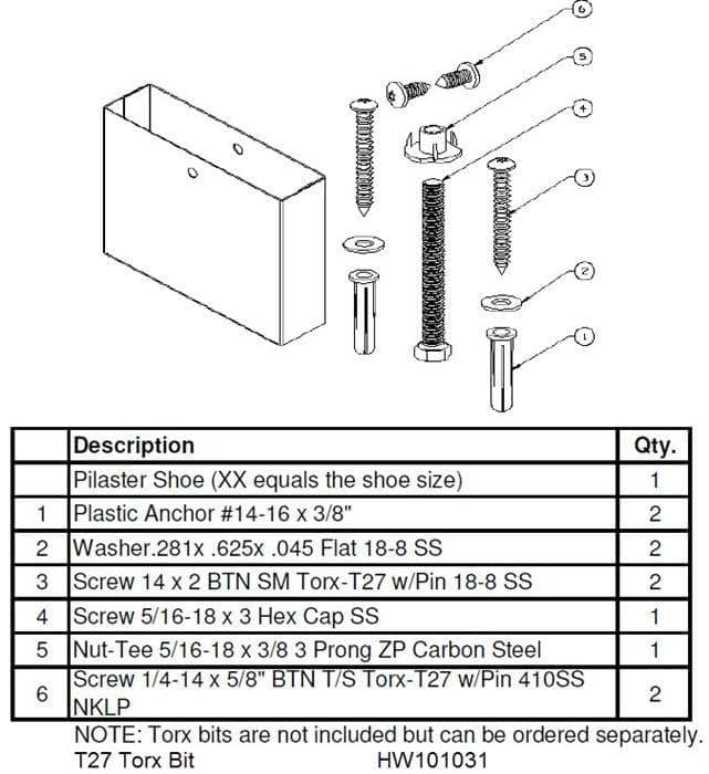 Bradley HDWT-S0526-22 Toilet Partition Floor Mounted Over Head Braced Pilaster Shoe and Mounting Kit, 22" for Bradley 1" Panels - TotalRestroom.com