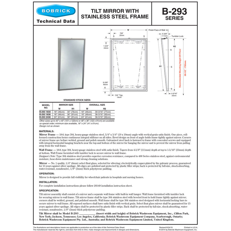 Bobrick B-293 1836 Fixed-Position Tilt Mirror 18x36