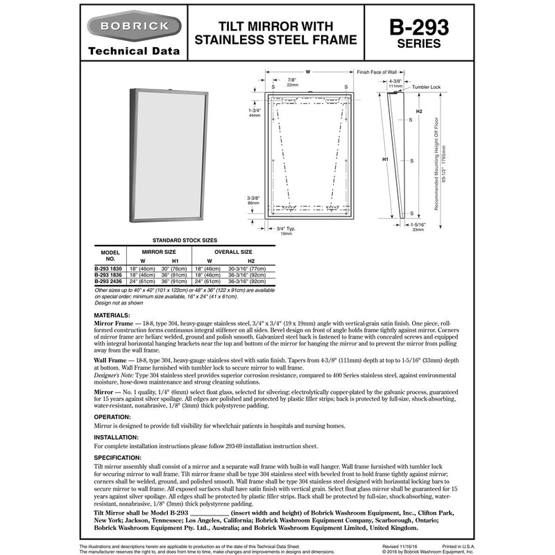 Bobrick B-293-2436 (24 x 36) Commercial Restroom Tilt Mirror, Angle Frame, 24" W x 36" H, Stainless Steel w/ Satin Finish