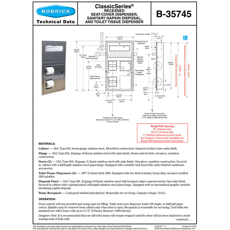 Bobrick B-35745 Combination Commercial Seat-Cover/Sanitary Napkin/Toilet Paper Dispenser, Recessed-Mounted, Stainless Steel