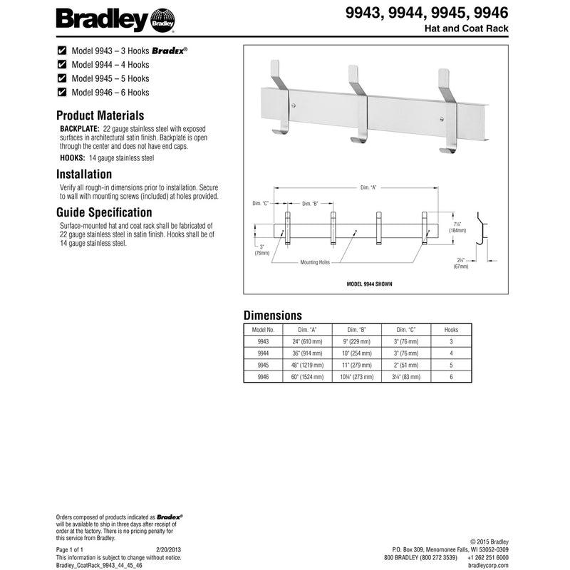 Bradley 9944-00 Coat Rack, 3" W x 36 L", Chrome Plated Stainless Steel