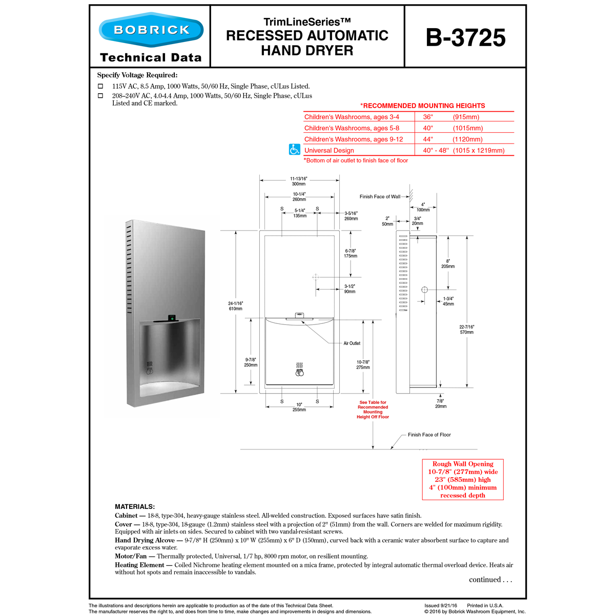 Bobrick 3725.MBLK 115V Matte Black Recessed Mounted Hand Dryer 115V ...