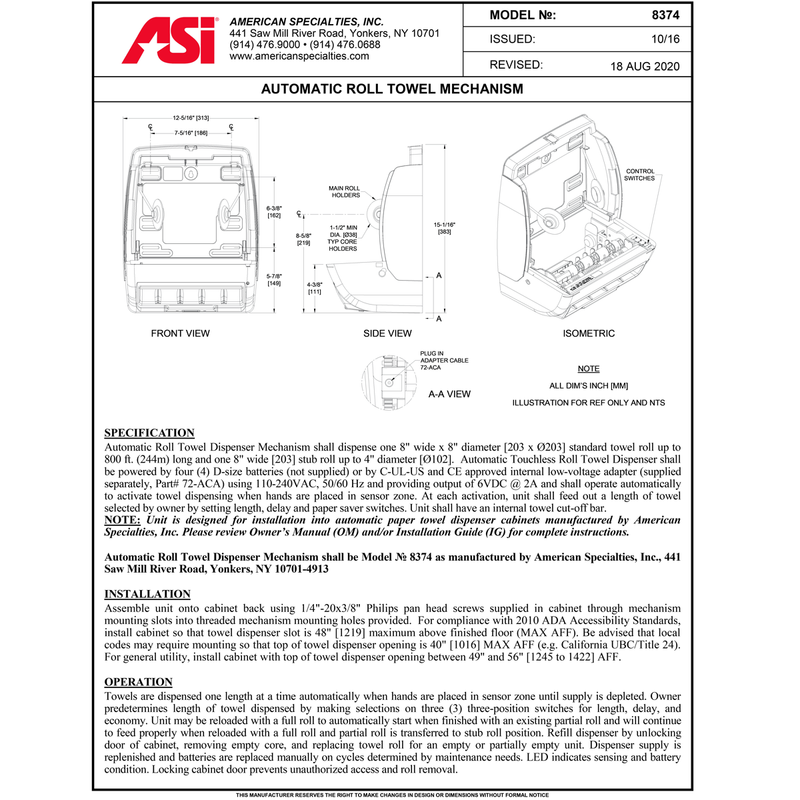 ASI American Specialties 8374 Automatic Roll Towel Dispenser