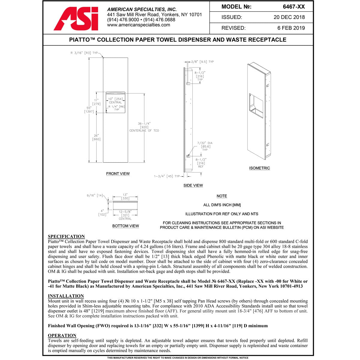 ASI 6467-41 Piatto Recessed Paper Towel Dispenser and Waste Receptacle, Black Phenolic Door, 13