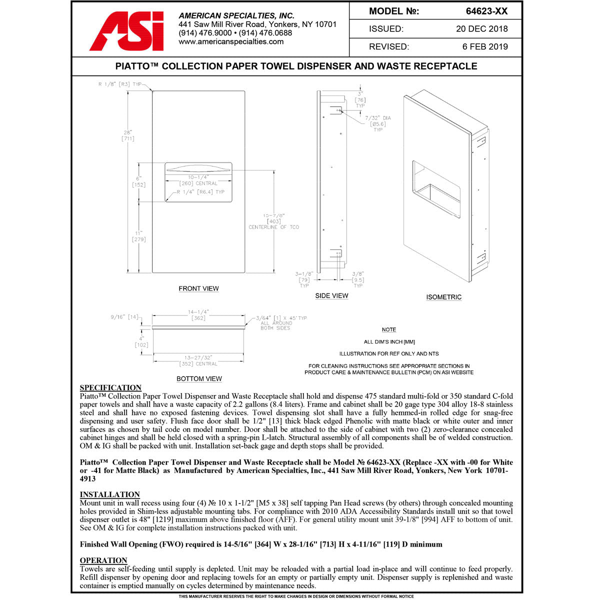 ASI 64623-41 Piatto Recessed Paper Towel Dispenser and Waste Receptacle, Black Phenolic Door, 14-1/4