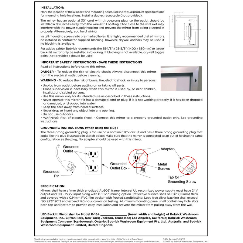 Bobrick B 164 2436 Reversible Led Backlit Mirror 24x36