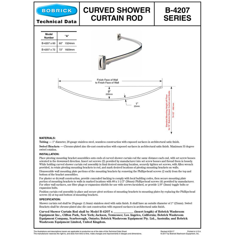 Bobrick B-4207x60 Curved Shower Curtain Rod 60"