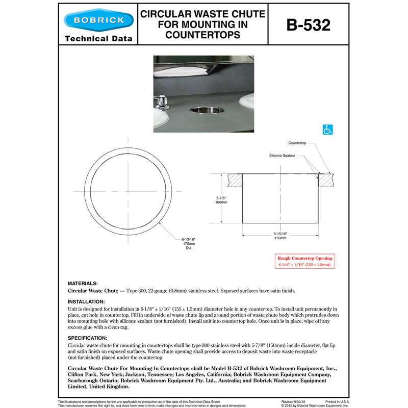 Bobrick B-532 Commercial Restroom Circular Waste Chute, 12 Gallon, Counter- Mounted, Stainless Steel