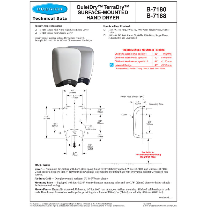 Bobrick B-7180 Automatic Hand Dryer, 115 Volt, Surface-Mounted, Cast ...