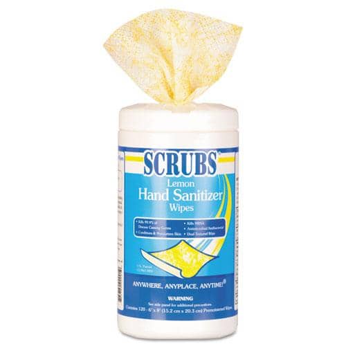 SCRUBS Hand Sanitizer Wipes, Antimicrobial & Antibacterial, 6 x 8, 120 Wipes/Canister, 6/Carton - DYM92991 - TotalRestroom.com