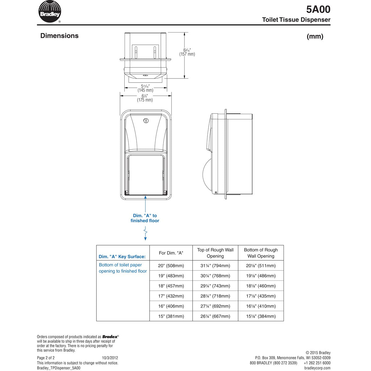 Bradley 5A00 Commercial Toilet Paper Dispenser, Recessed-Mounted, Stainless Steel w/ Satin Finish