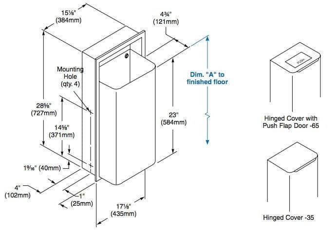 Bradley 344-11 Commercial Restroom Waste Receptacle, 12 Gallon, Surface-Mounted, 17-1/4" W x 30-5/8" H, 8-11/16" D, Stainless Steel - TotalRestroom.com