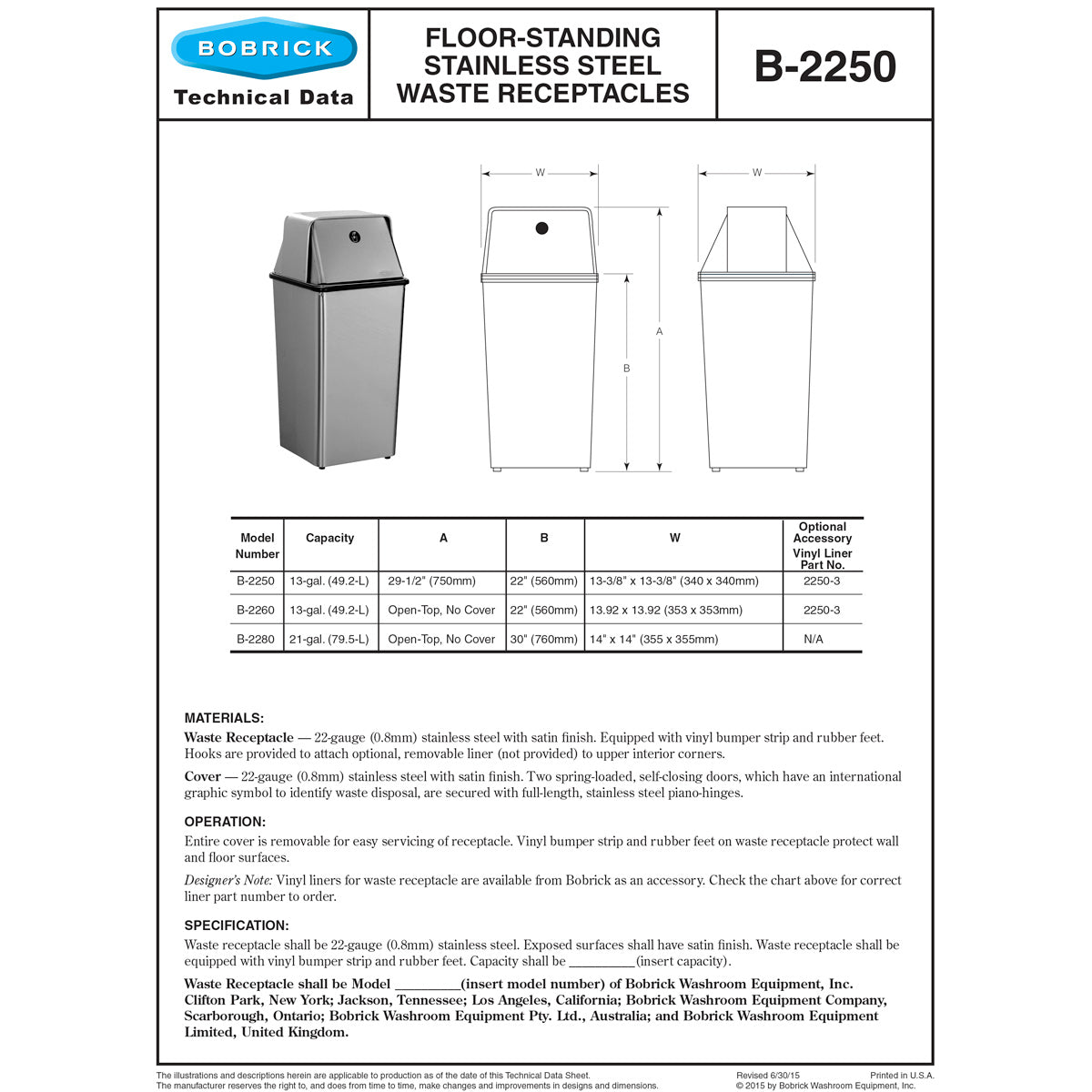 Bobrick B-2260 Commercial Restroom Sanitary Waste Bin, 12 Gallon, Free ...