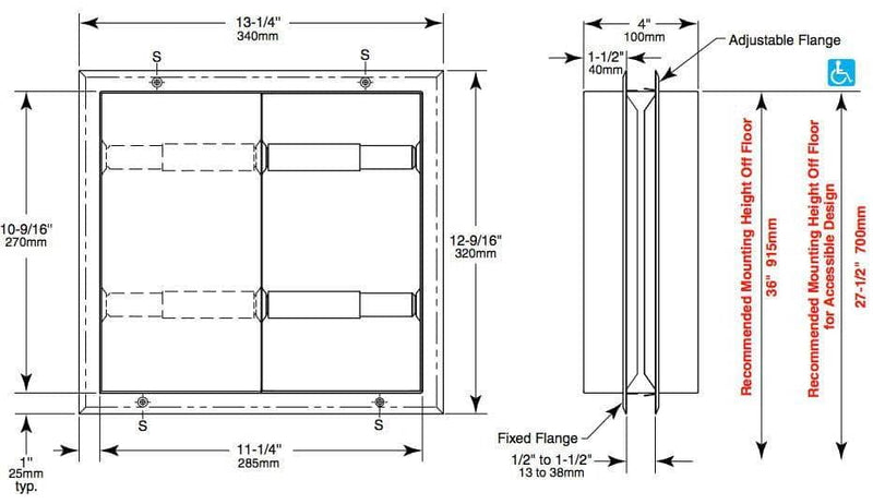 Bobrick B-386 Commercial Toilet Paper Dispenser, Partition-Mounted, Stainless Steel w/ Satin Finish - TotalRestroom.com