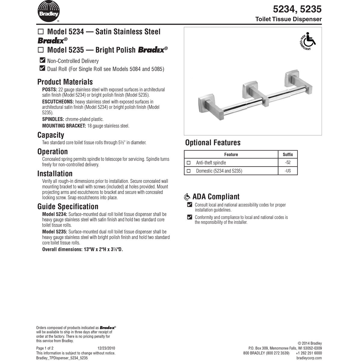 Bradley 5234-00 Commercial Toilet Paper Dispenser, Surface-Mounted, Stainless Steel w/ Satin Finish