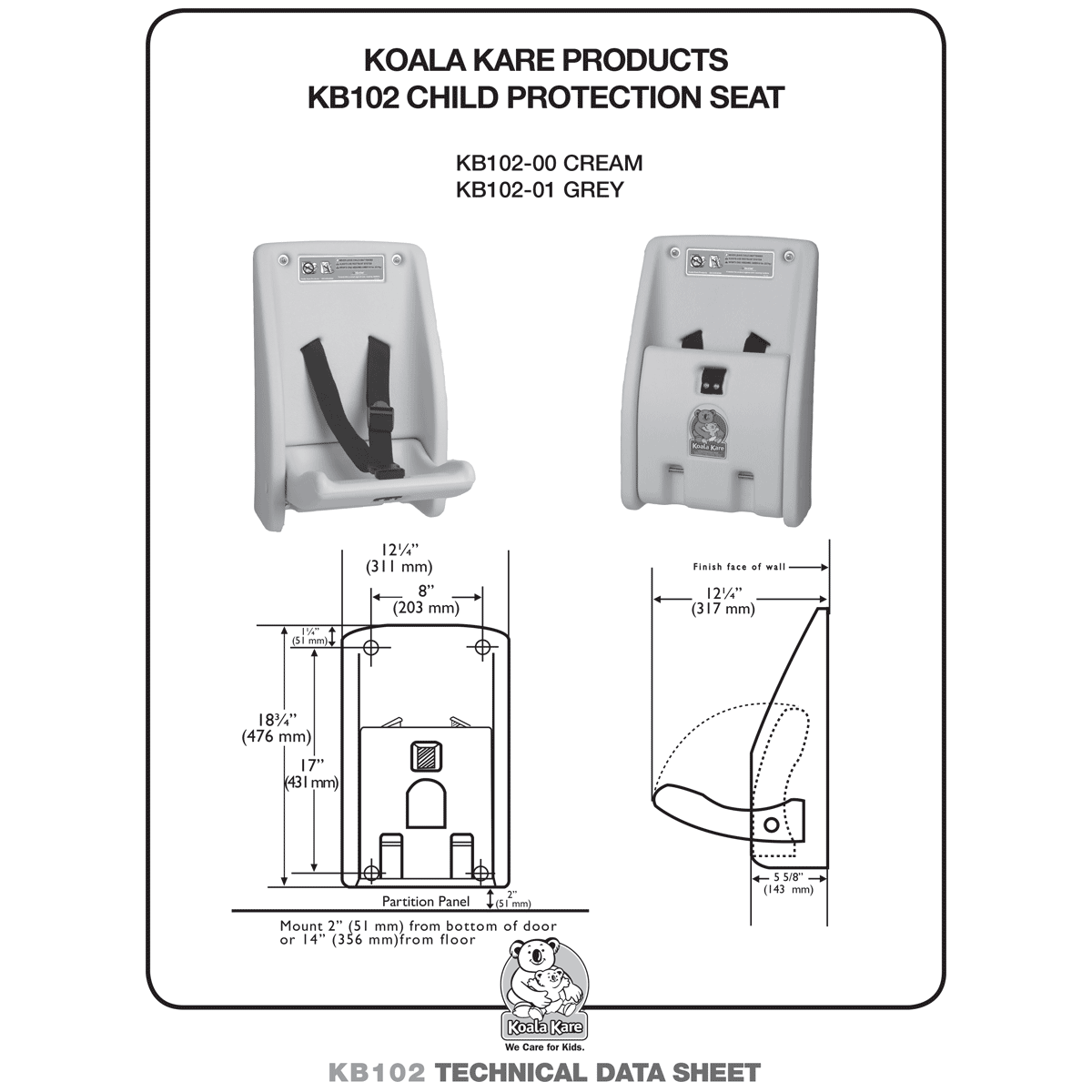 Koala Kare KB102-01 Bobrick Wall-Mounted Child Protection Seat, Grey