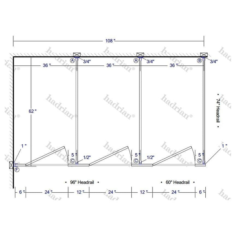 Hadrian Toilet Partition, 3 In Corner Compartments, Stainless Steel, 108"W x 61 1/4"D - IC33660-SS-STAINLESS - TotalRestroom.com